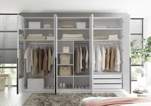 Drehtürenschrank- B ca. 300 cm, Weiß, Weiß Hochglanz