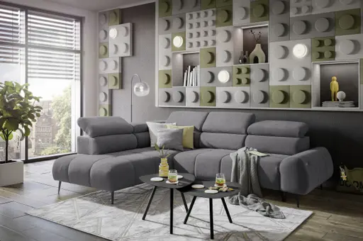 Ecksofa - Ecke links mit 2-Sitzer, Sitzvorzug motorisch, Kopfteil verstellbar, Stoff, Grau