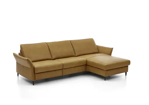 Ecksofa - 2,5-Sitzer mit Longchair rechts, Kopfteil verstellbar (manuell), Leder, Kurkuma