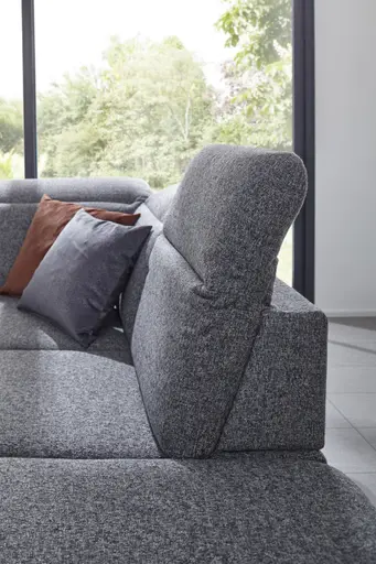 Ecksofa Alegria - 2,5-Sitzer mit Ecke rechts inkl. Kopfteil/ Armlehne/ Sitztiefe verstellbar, Stoff, Graublau