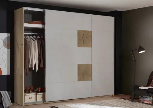 Schwebetürenschrank- B ca. 270 cm, Eiche Dekor, Hellgrau, Hirnholz