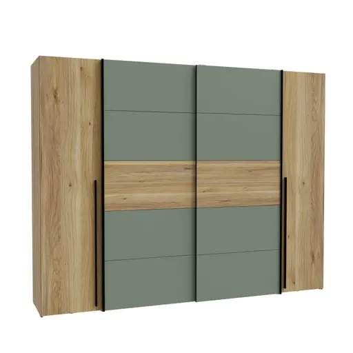 Schwebe-/Drehtürenschrank FAHDA - B. ca. 270 cm, Eiche Dekor, Grüngrau