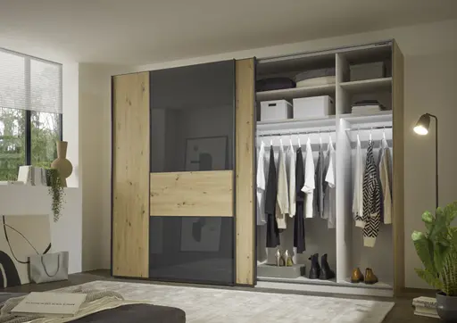 Schwebetürenschrank - mittig Anthrazitglas, B. ca. 298 cm, Dekor Artisan Eiche