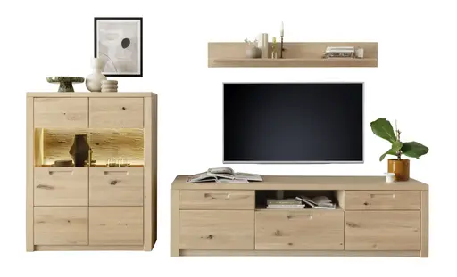 Wohnwand - mit Beleuchtung und Fernbedienung, Eiche Nachbildung, Eiche massiv geölt