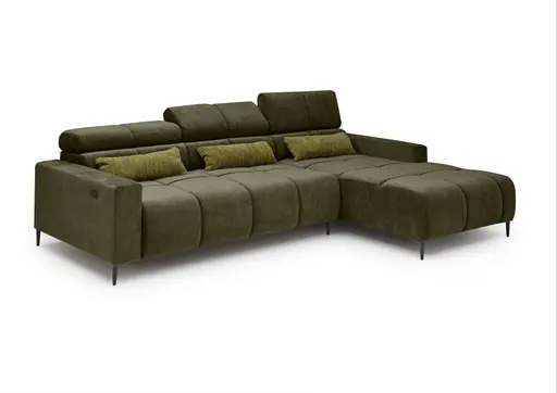 Ecksofa - 2-Sitzer mit Longchair rechts, Sitztiefe verstellbar motorisch/Kopfteil verstellbar, Stoff, Dunkelgrün