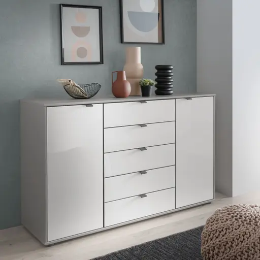 Kommode Marbella - Lack, Grau, Glas, Weiß