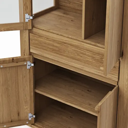 Vitrine Bakersfield - sichtbare Rückwand und Schublade geschroppt, Asteiche massiv, geölt