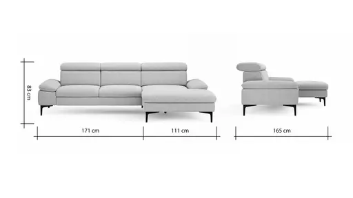 Ecksofa Felipa - 2,5-Sitzer mit Longchair rechts inkl. Kopfteil verstellbar, Stoff, Grau