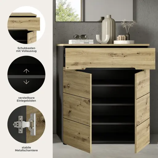 Schuhschrank - B ca. 80 cm, Basalt grau, Artisan Eiche Nachbildung