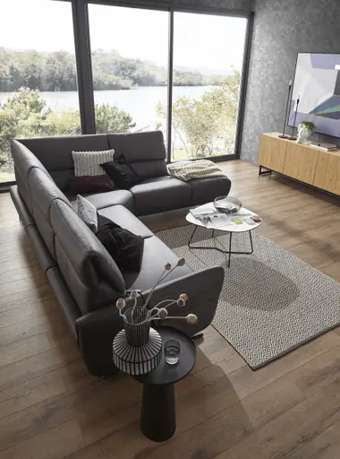 Ecksofa Managa - 2-Sitzer mit Ecke und Abschlussteil rechts inkl. Relaxfunktion (motorisch) und Kopfteilverstellung (motorisch), Leder, Anthrazit