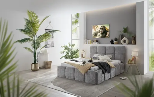 Bettgestell SANDRIN R- Liegefläche ca. 140x200 cm, Stoff, Hellgrau, inkl Latterost und Stauraum