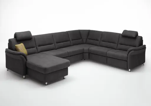 Wohnlandschaft - Longchair links mit 2,5-Sitzer und Ecke rechts inkl. 2 Premiumkopfstützen in Stoff Dunkelgrau