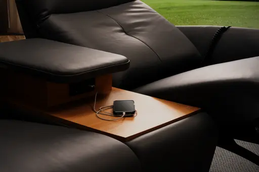 Sofa EM Pula - 2-Sitzer mit Tisch/USB/Steckdose, Leder, schwarz