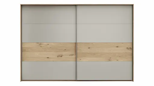 Schwebetürenschrank Viana - B ca. 308 cm, Furnier, Balkeneiche, Hellgrau