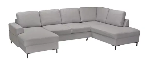 Wohnlandschaft - Longchair links, 2-Sitzer, Ecke rechts inkl. Schlaffunktion und Bettkasten, Stoff, Hellgrau