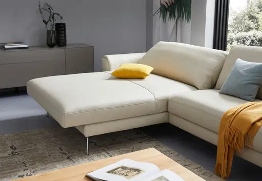 Ecksofa Enna - Longchair Links mit 1,5-Sitzer inklusive Relaxfunktion (motorisch), Leder, Ecru