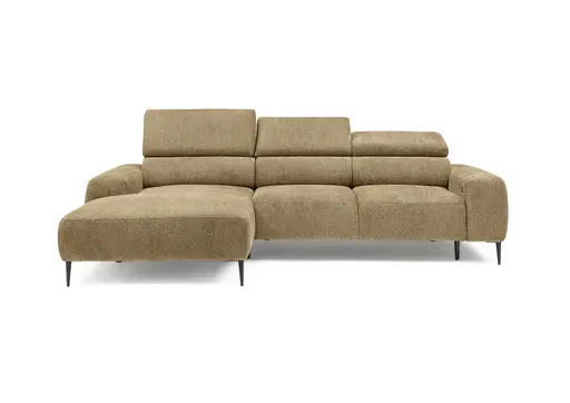 Ecksofa - Longchair links mit 2-Sitzer, Sitzvorzug motorisch, Kopfteil verstellbar, Stoff, Senfgelb