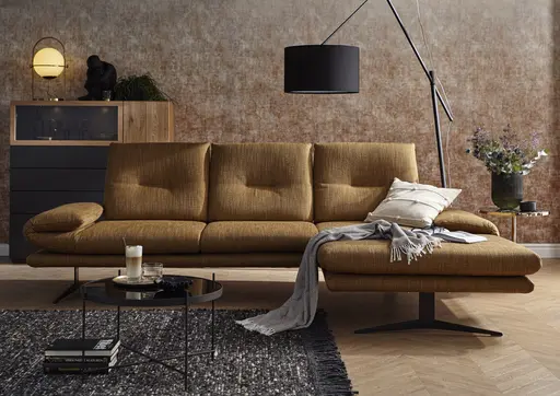 Ecksofa Lucero - 2-Sitzer mit Longchair rechts inkl. Rückenlehne verstellbar, Stoff, Senfgelb