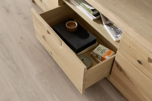 Wohnwand - mit Beleuchtung und Fernbedienung, Eiche Nachbildung, Eiche massiv geölt