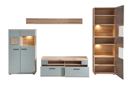 Wohnwand - mit Beleuchtung, Schilfgrün, Viking Eiche Nachbildung