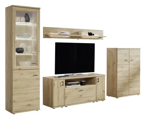 Wohnwand EM Locarno - mit Wandboard, Beleuchtung, Rückwandschroppung, Risseiche