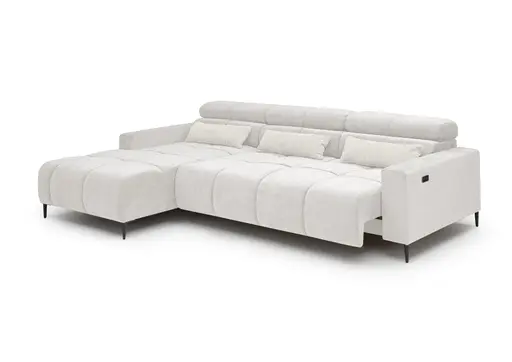Ecksofa - Longchair links mit 2-Sizer, Sitztiefe verstellbar motorisch/Kopfteil verstellbar, Stoff, Creme