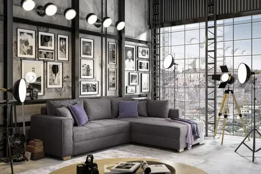 Ecksofa JAMELL - 2,5-Sitzer, Ecke rechts inkl. Schlaffunktion mit Bettkasten, Stoff, Grau