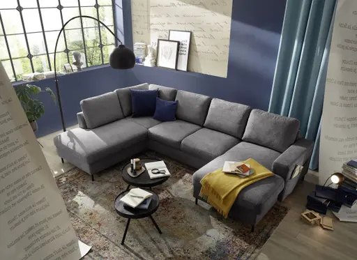 Wohnlandschaft - Ecke links mit 2-Sitzer und Longchair rechts, Stoff, Anthrazit