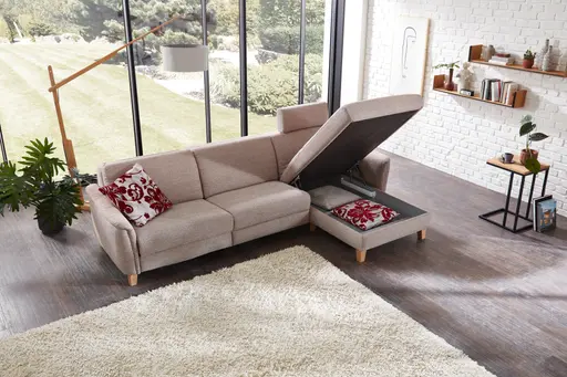 Ecksofa Mendoza - 2,5-Sitzer mit Longchair rechts, Bettkasten, Stoff, Bordeaux