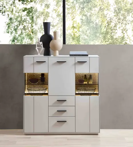 Highboard -  mit Beleuchtung, Creme Lack, Absetzung: Granit Steinfurnier