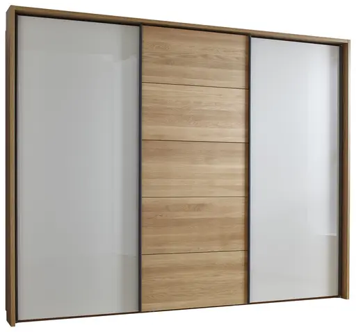 Schwebetürenschrank Lenoso -  B. ca. 260 cm, Eiche massiv, Glas, Champagner
