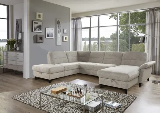 Wohnlandschaft - Ecke links mit 2,5-Sitzer und Longchair rechts, Stoff, Natur