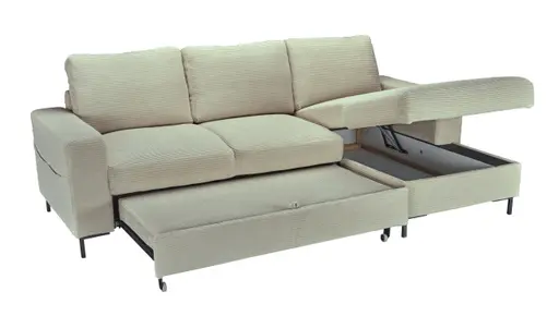 Ecksofa - 2-Sitzer, Ecke rechts inkl. Schlaffunktion und Bettkasten, Stoff, Creme