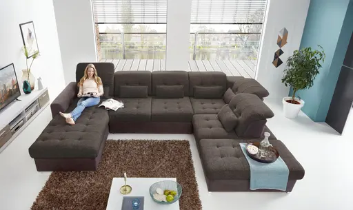 Wohnlandschaft - Longchair links, 3-Sitzer, Ecke rechts inkl. Schlaffunktion, Bettkasten, Kopfteilverstellung, Sitztiefenverstellung in Kunstleder Braun