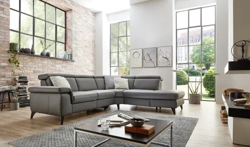 Ecksofa EM Salo - mit Kopfteilverstellung, 2,5-Sitzer mit Ecke rechts, Leder, Anthrazit