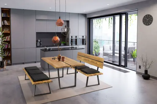 Bankteil - Breite ca. 200 cm, Wildeiche massiv, inkl. Sitzpolster, Leder, Schwarz