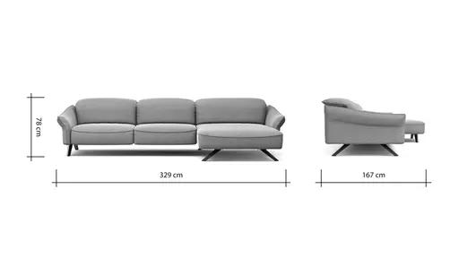 Ecksofa Bormio - 3-Sitzer mit Longchair rechts, Kopfteilverstellung, Stoff, Pfirsich