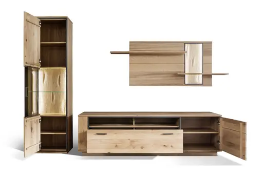 Wohnwand - mit Beleuchtung, Eiche teilmassiv