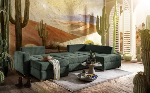 Wohnlandschaft JOSY - Longchair links, 1,5-Sitzer, Ecke rechts inkl. Schlaffunktion mit Bettkasten, Stoff, Grün