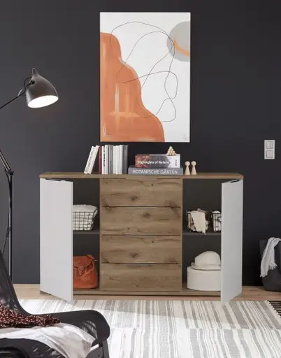 Kommode- Eiche Dekor, Hellgrau, Hirnholz