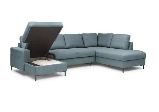 Wohnlandschaft - Longchair links mit 2-Sitzer und Ecke rechts, Stoff, Azur