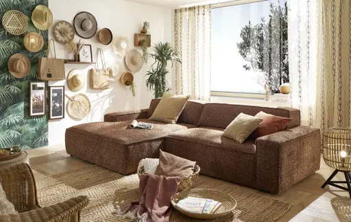 Ecksofa - Longchair links mit 2-Sitzer, Sitzvorzug motorisch, Stoff, Rotbraun