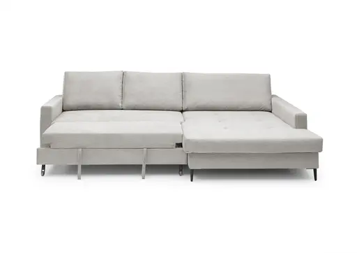 Ecksofa - 3-Sitzer mit Longchair rechts, Schlaffunktion mit Bettkasten, Stoff, Creme