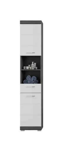 Hochschrank - B ca. 37 cm, Rauchsilber, Weiß Hochglanz