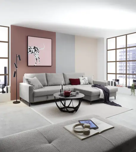 Ecksofa - 3-Sitzer mit Longchair rechts, Schlaffunktion mit Bettkasten, Stoff, Eisengrau