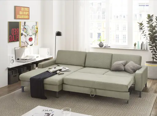 Ecksofa CALM MOVE 2.0 - Longchair links mit 2,5-Sitzer, Schlaffunktion, Feincord, Olive