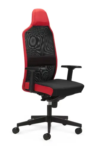 Bürodrehstuhl - mit Armlehnen und Kopfstütze, Synchronmechanik, Stoff, Schwarz, Rot