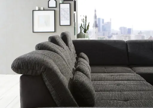Wohnlandschaft - Longchair links mit 2,5-Sitzer und Ecke rechts, inkl. Sitztiefe verstellbar, Stoff, Schwarz/Anthrazit