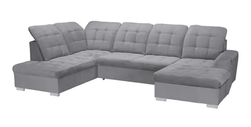 Wohnlandschaft - Ecke links, 2-Sitzer, Longchair rechts inkl. Schlaffunktion und Bettkasten, verstellbare Kopfstützen, Stoff, Grau