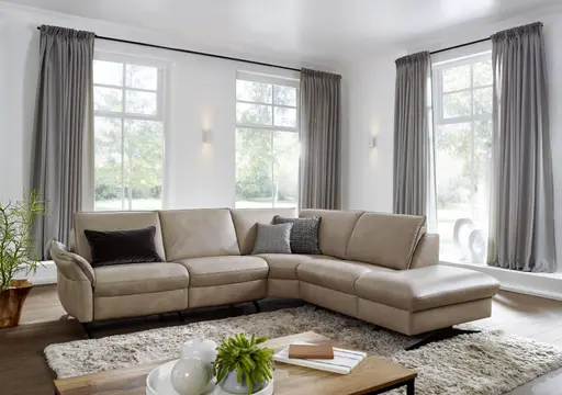 Ecksofa EM Lucca - 2-Sitzer mit Ecke rechts inkl. Armteil verstellbar, Leder, Beige